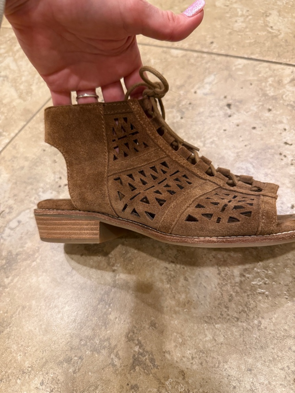Sofft Brown Suede Laser-Cut Lace-Up Open Heel Sandal - Picture 9 of 11